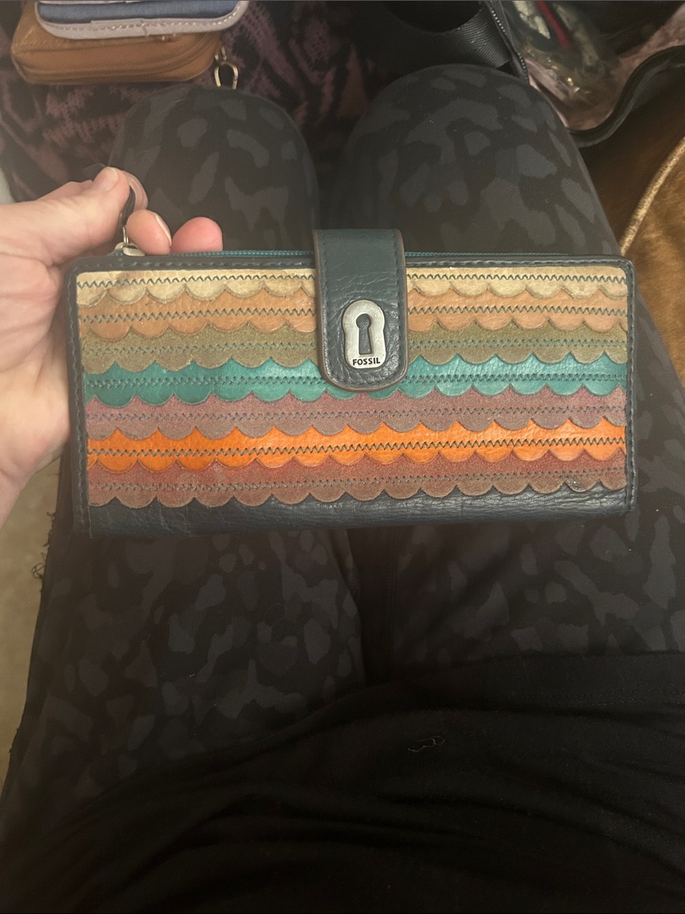 Fossil Teal Orange Brown Multi-Stripe Scallop Leather Wallet
